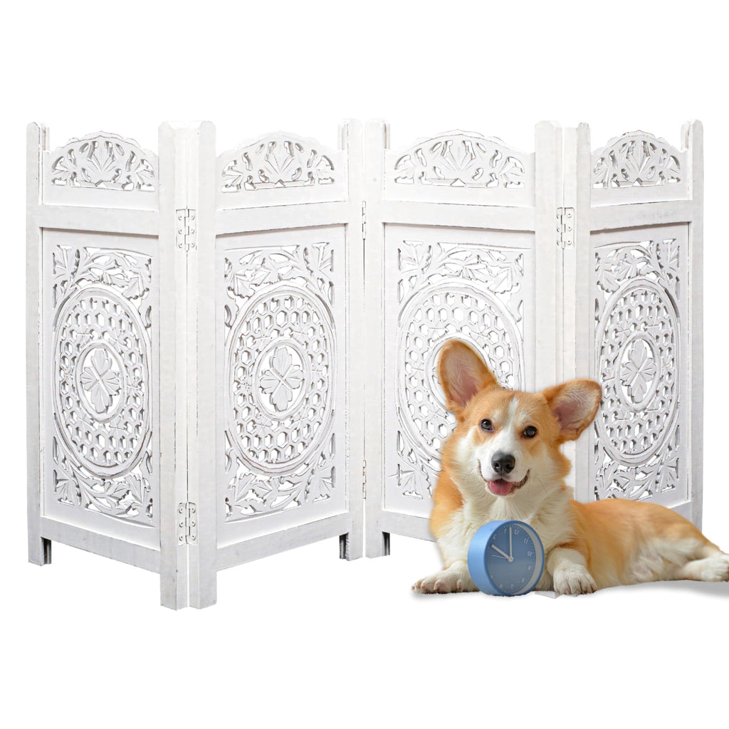 The Wooden Town Raised Wood Pet Gate, Foldable 4-Panel Freestanding Dog Gate, Hand-Carved Solid Wood & MDF, Antique White, 56" W x 28" H