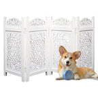 The Wooden Town Raised Wood Pet Gate, Foldable 4-Panel Freestanding Dog Gate, Hand-Carved Solid Wood & MDF, Antique White, 56" W x 28" H