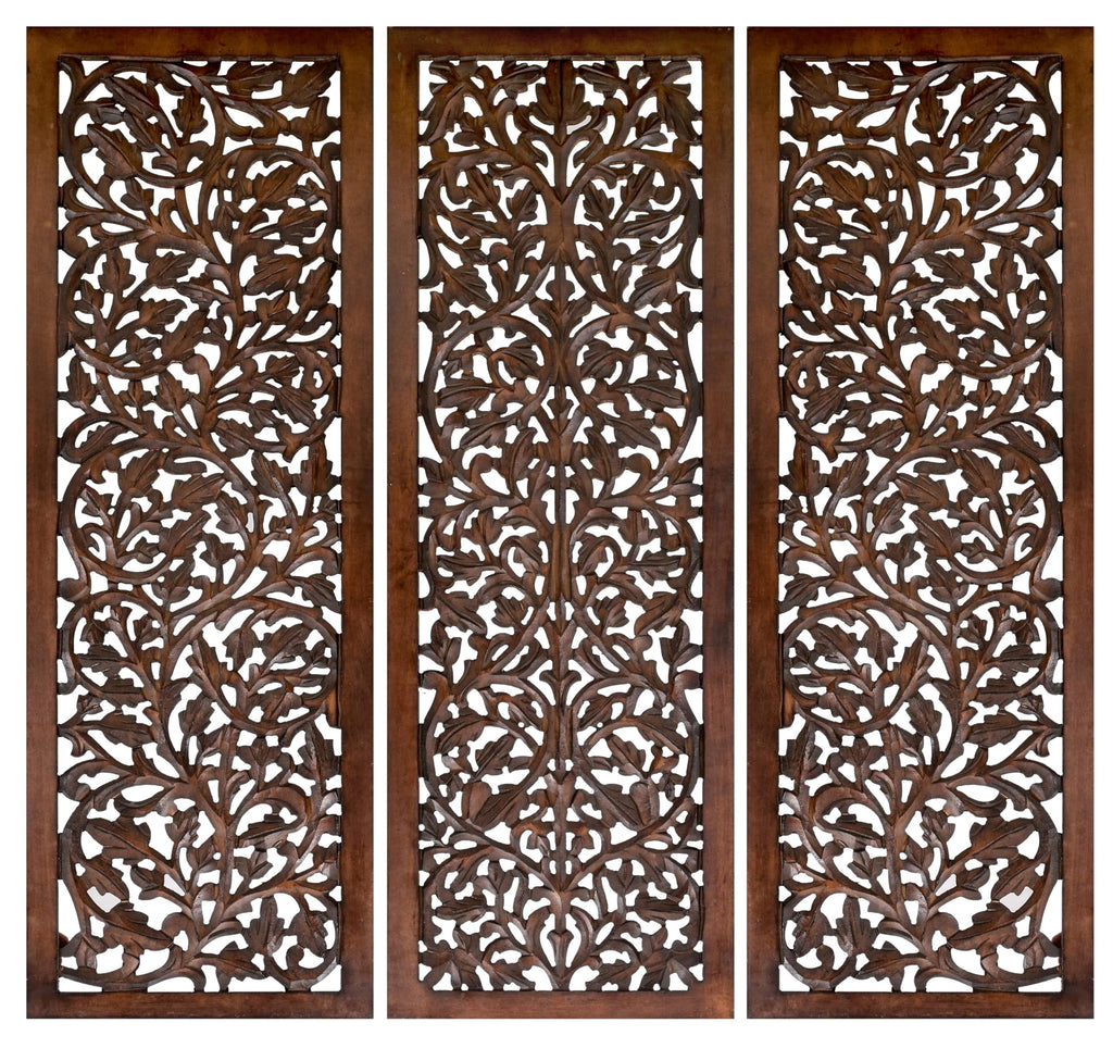 Hand-Carved Wooden Wall Panels Set of 3 – 36” x 12” Burnt Finish Wall Décor