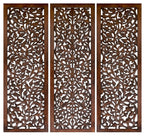 Hand-Carved Wooden Wall Panels Set of 3 – 36” x 12” Burnt Finish Wall Décor