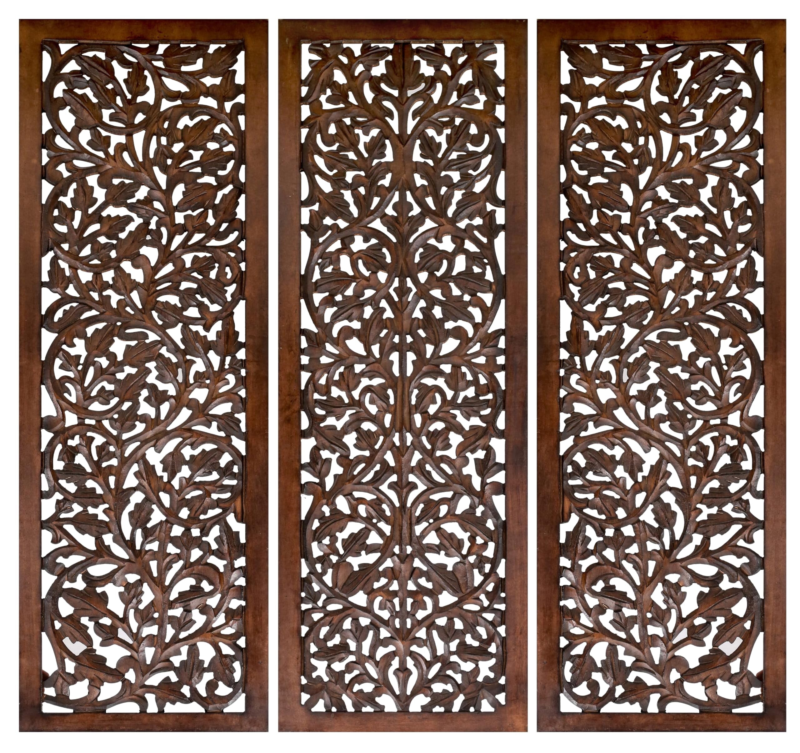 Hand-Carved Wooden Wall Panels Set of 3 – 36” x 12” Burnt Finish Wall Décor