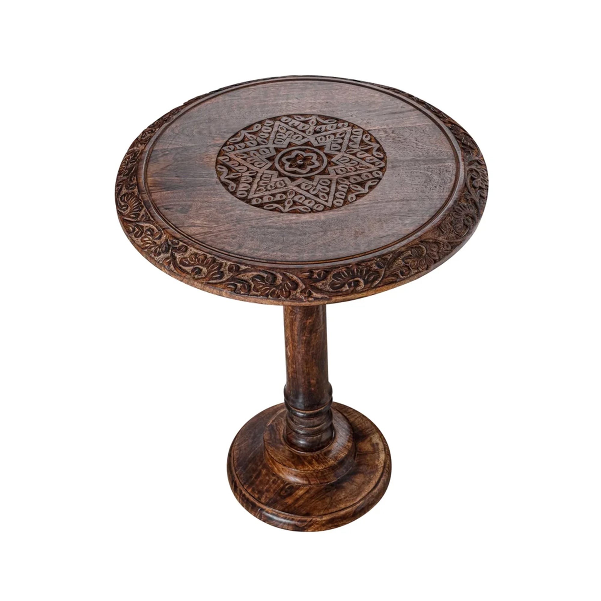Solid Wood Whitewash Carved Rim 18x22 Handcrafted Style End Table