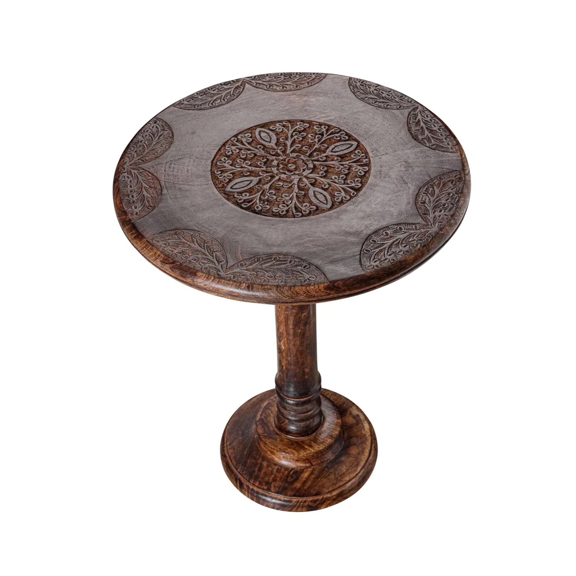 Solid Wood Whitewash Carved Rim 18x22 Handcrafted Style End Table