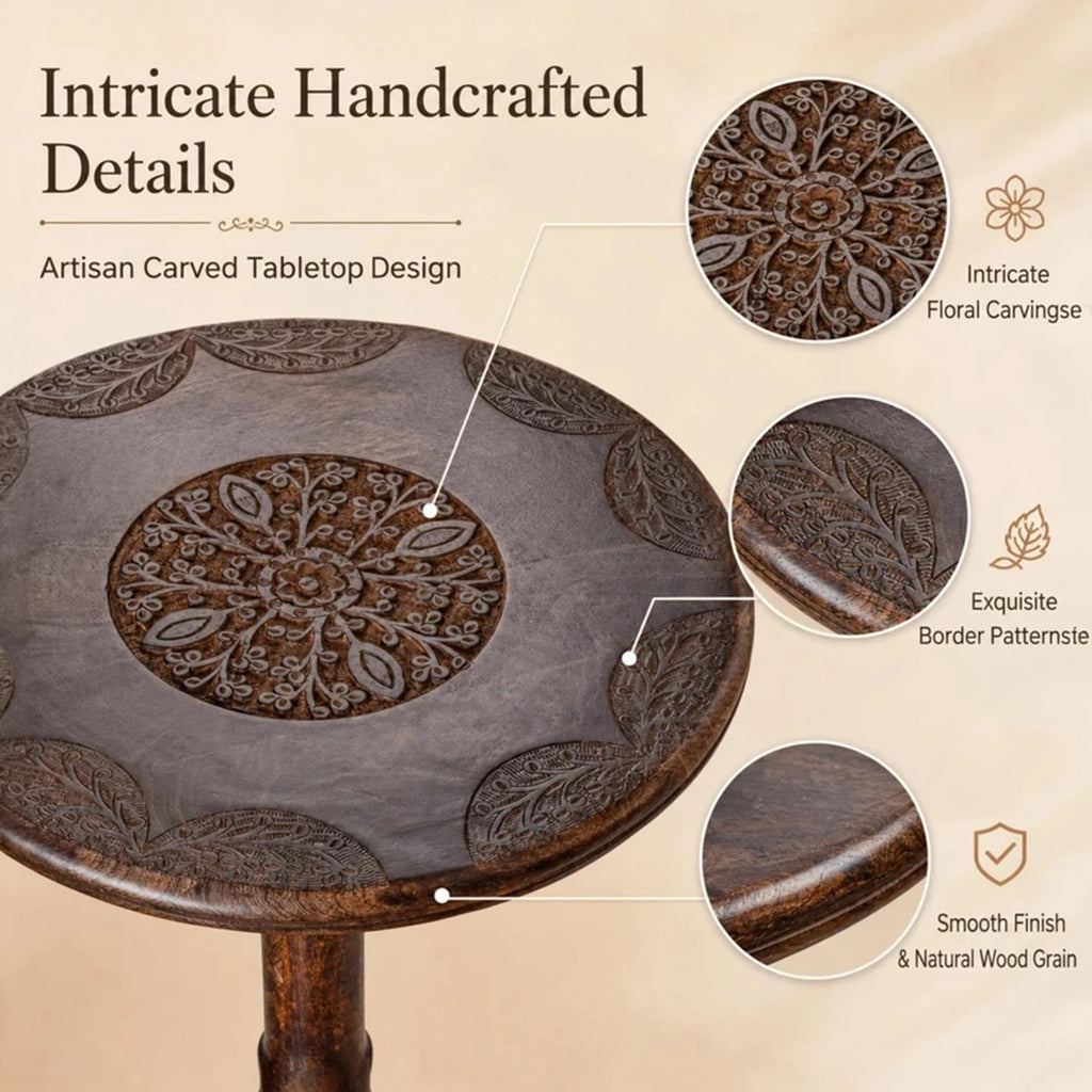 Solid Wood Whitewash Carved Rim 18x22 Handcrafted Style End Table