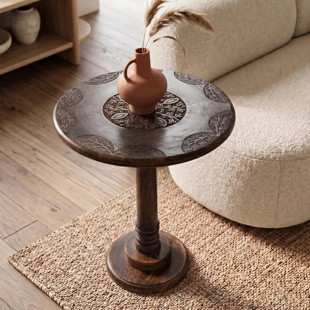 Solid Wood Whitewash Carved Rim 18x22 Handcrafted Style End Table