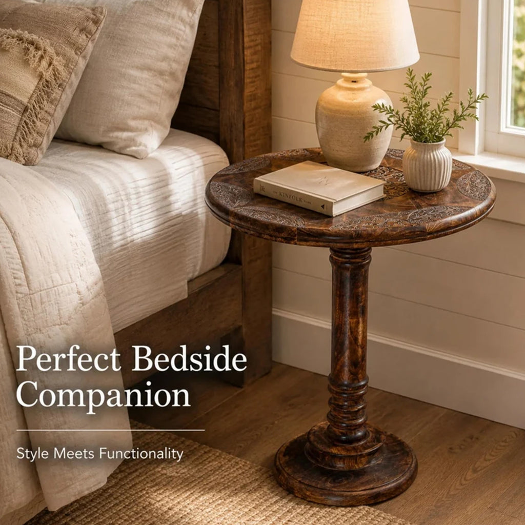 Solid Wood Whitewash Carved Rim 18x22 Handcrafted Style End Table