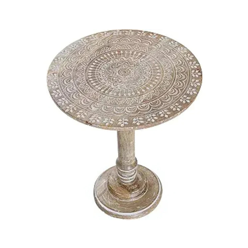 Solid Wood Whitewash Mandala Carved 18x22 Handcrafted End Table