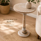 Solid Wood Whitewash Mandala Carved 18x22 Handcrafted End Table