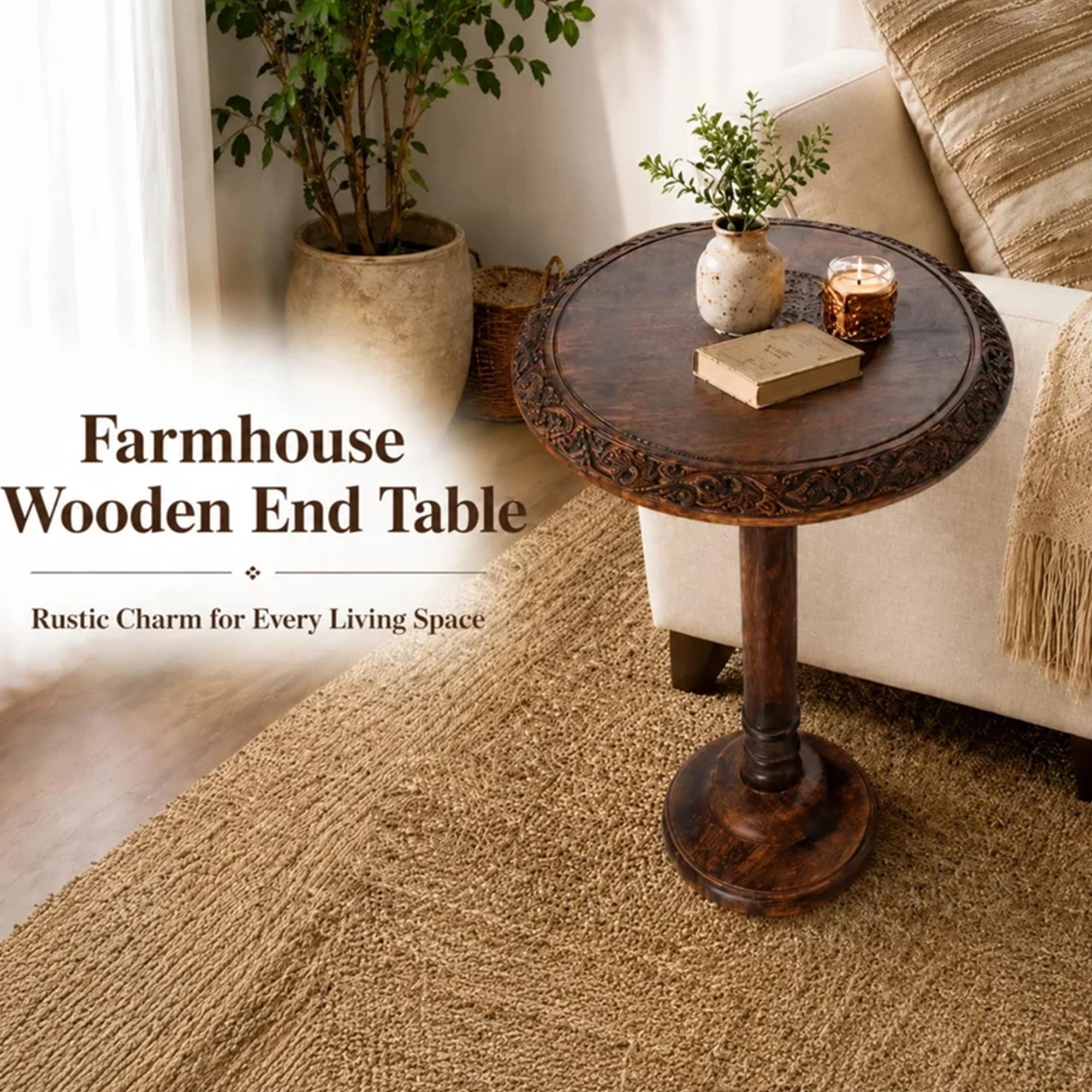 Solid Wood Whitewash Carved Rim 18x22 Handcrafted Style End Table