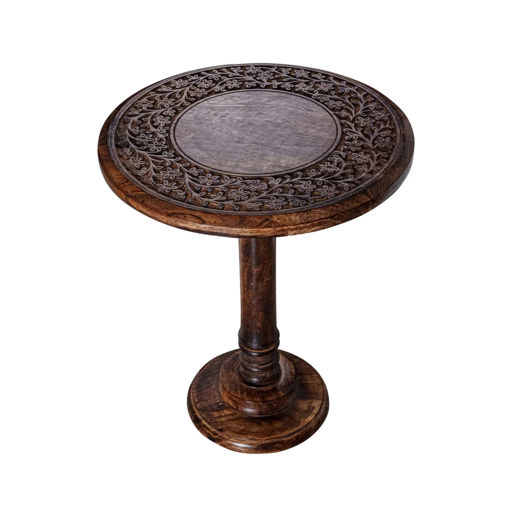 Solid Wood Whitewash Carved Rim 18x22 Handcrafted Style End Table