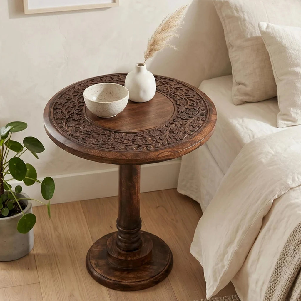 Solid Wood Whitewash Carved Rim 18x22 Handcrafted Style End Table