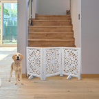 The Wooden Town Foldable 3-Panel Wooden Dog Gate with Circle Design, Freestanding Indoor Pet Barrier for Doorways & Stairs, White Antique, 48" Wide