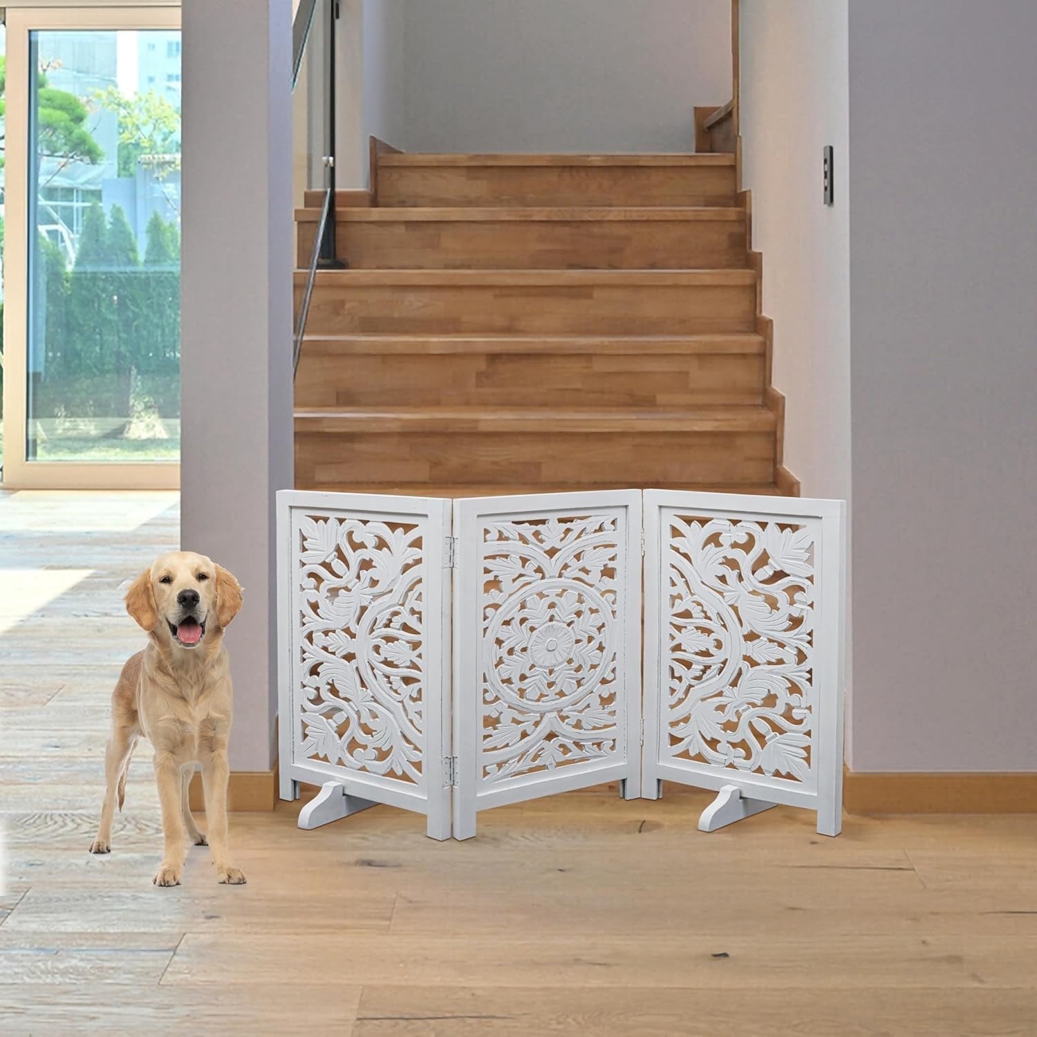 The Wooden Town Foldable 3-Panel Wooden Dog Gate with Circle Design, Freestanding Indoor Pet Barrier for Doorways & Stairs, White Antique, 48" Wide