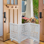 The Wooden Town Foldable 3-Panel Wooden Dog Gate with Flower Design, Freestanding Indoor Pet Barrier, White Antique, 54" Wide