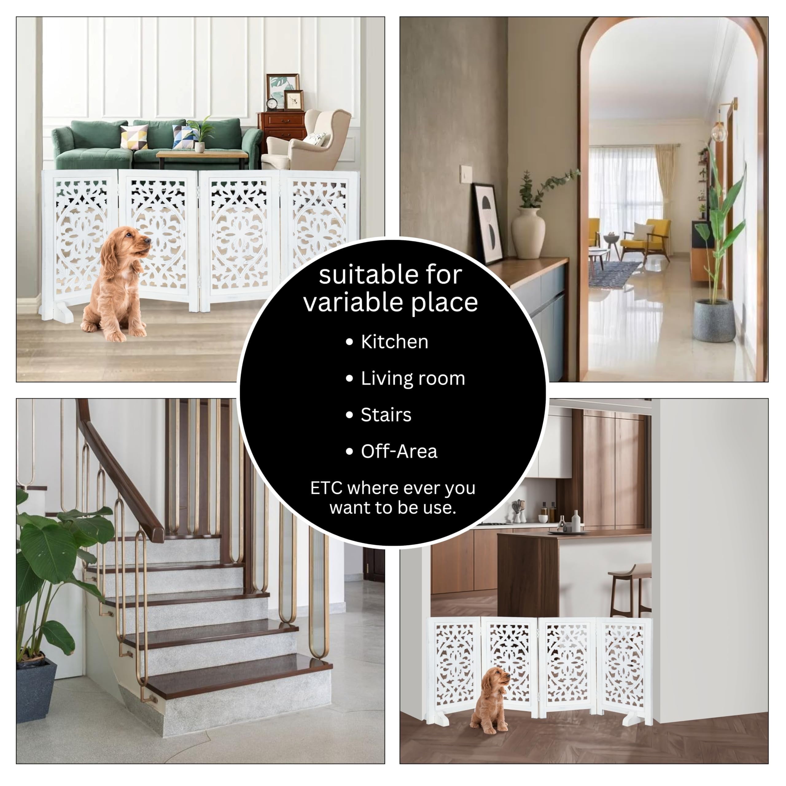 The Wooden Town Foldable Free-Standing Pet Gate, 4-Panel Wooden Dog Barrier, Hand-Carved Solid Wood & MDF, White Finish, 56" W x 28" H