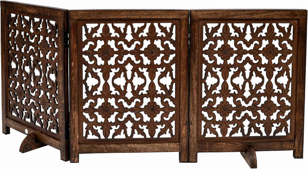 The Wooden Town Foldable 3-Panel Wooden Dog Gate with Flower Design, Freestanding Indoor Pet Barrier, Burnt Finish, 54" Wide