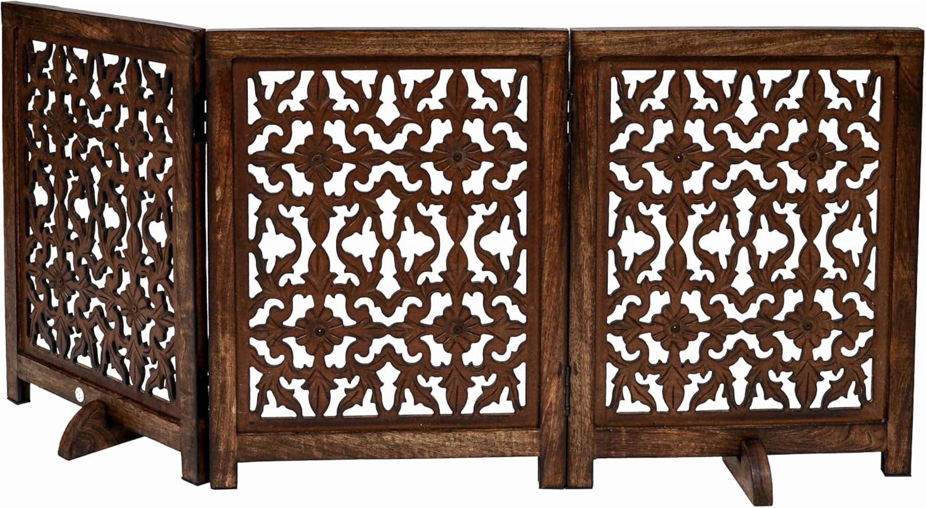 The Wooden Town Foldable 3-Panel Wooden Dog Gate with Flower Design, Freestanding Indoor Pet Barrier, Burnt Finish, 54" Wide