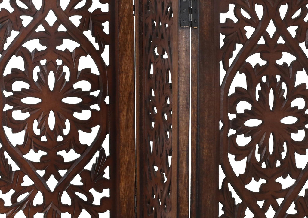 The Wooden Town Freestanding Dog Gate, Foldable 4-Panel Indoor Pet Gate, Hand-Carved Solid Wood & MDF, Burnt Finish, 56" W x 28" H