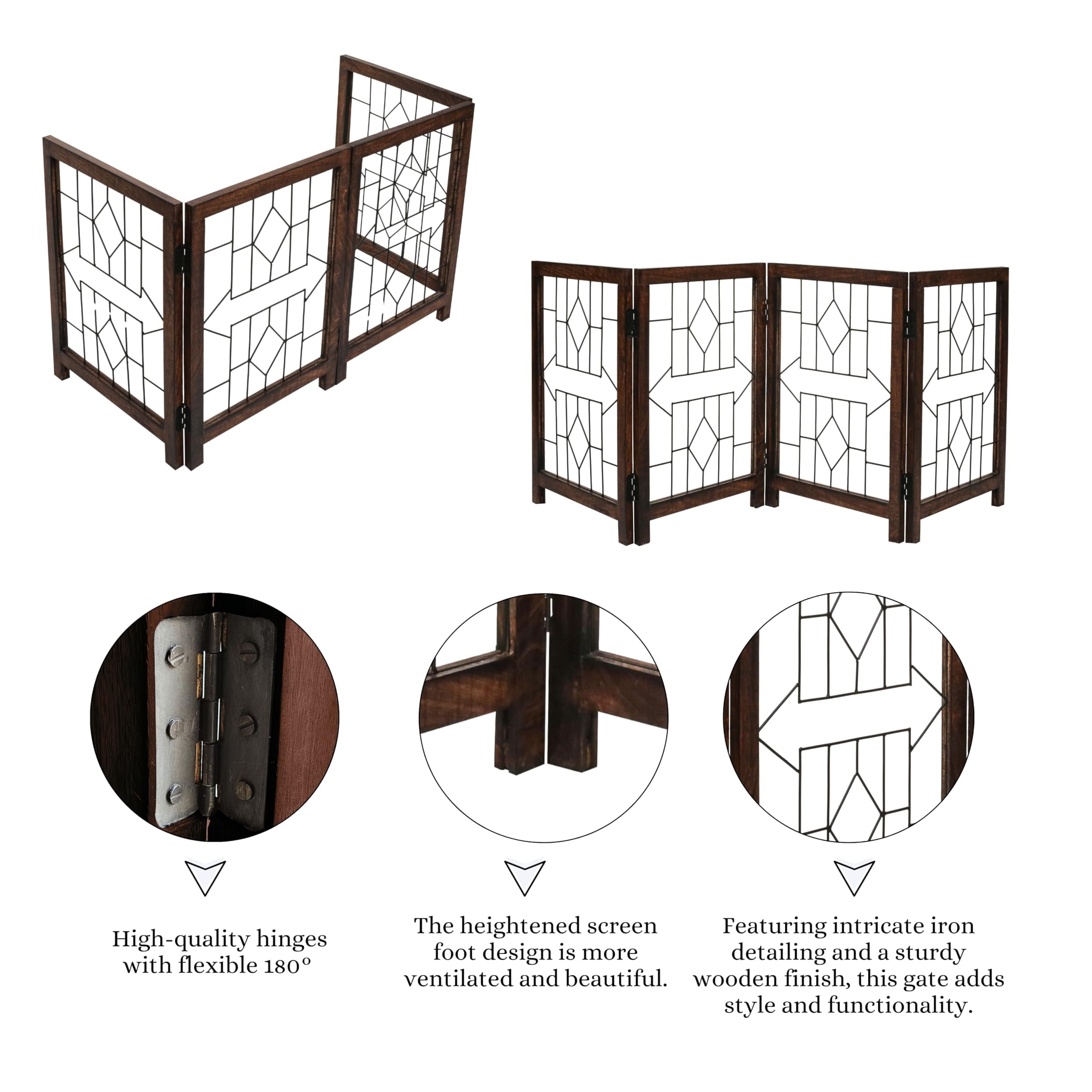 The Wooden Town Foldable Indoor Dog Gate, 4-Panel Freestanding Pet Gate with Arrow Pattern, Burnt Finish, 72" W x 18" H