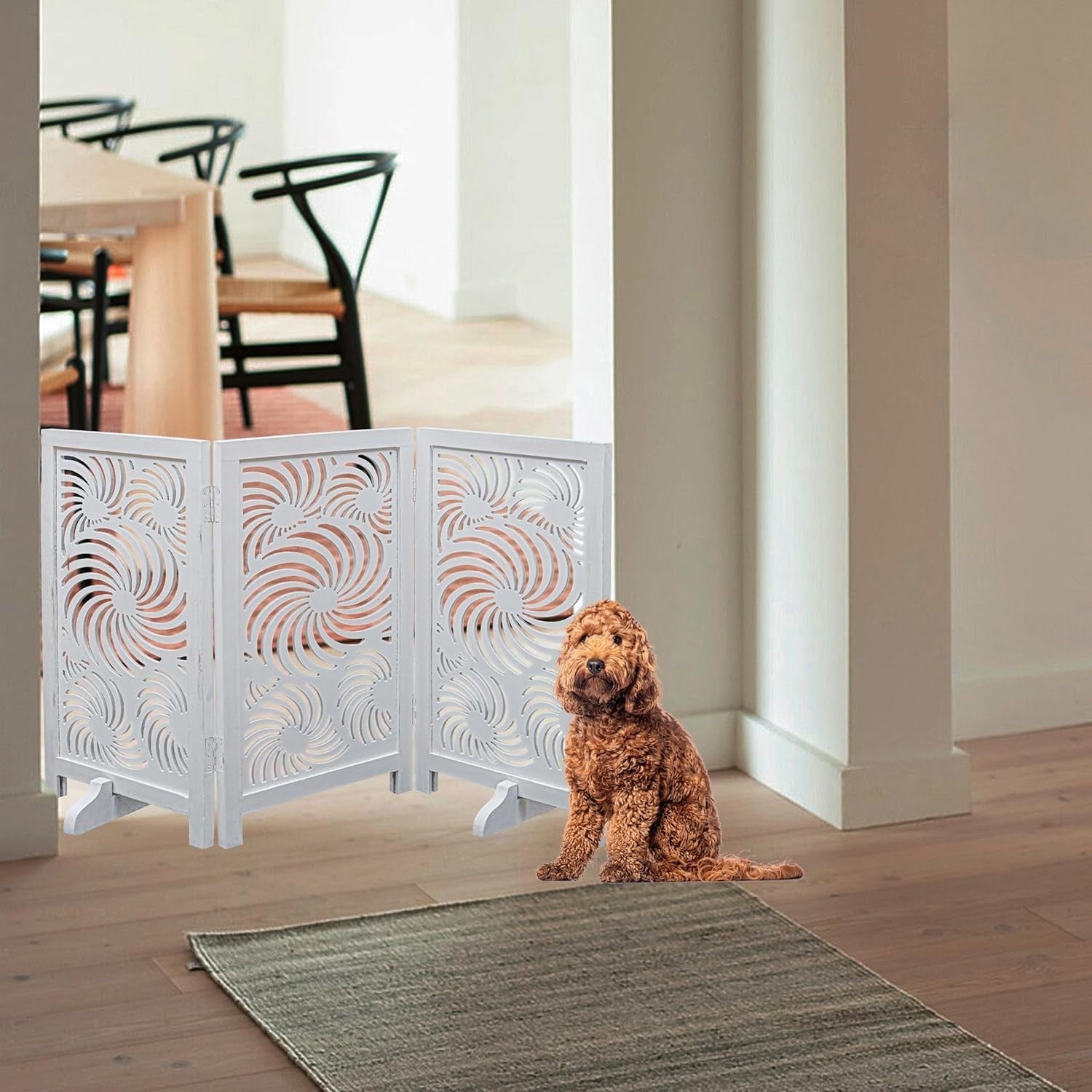 The Wooden Town Foldable 3-Panel Wooden Dog Gate with Sunflower Design, Freestanding Indoor Pet Barrier, White Antique, 48" Wide