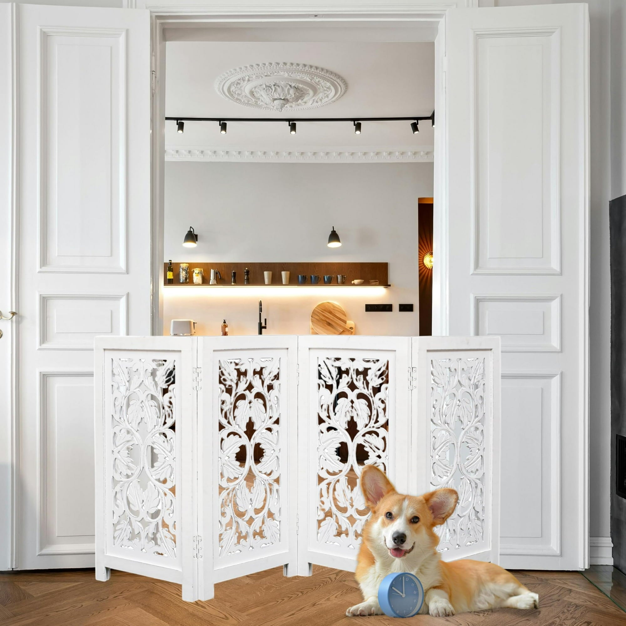 Wooden Town 4-Panel Foldable Dog Gate – 56" W x 28" H