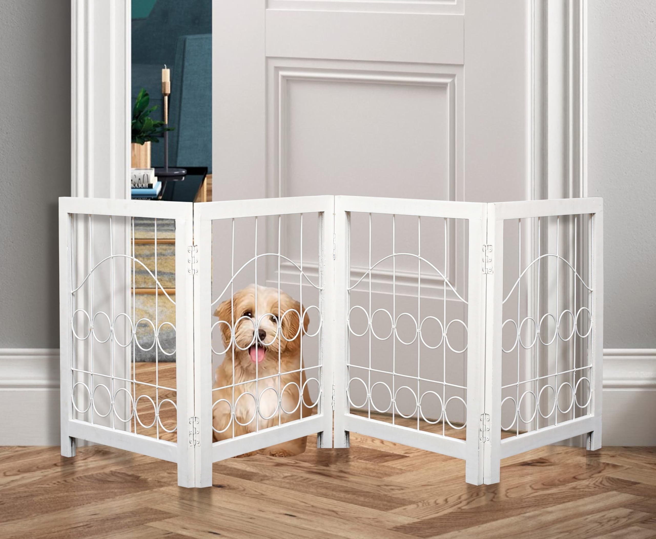 The Wooden Town Foldable Indoor Dog Gate, 4-Panel Freestanding Pet Gate with Decorative Circle Design, Portable Safety Barrier, 72" W x 18" H
