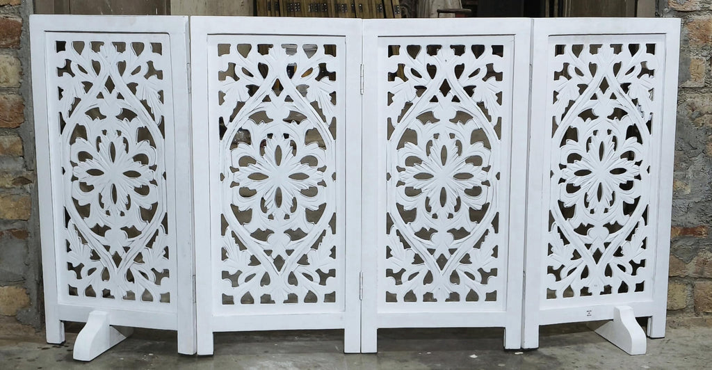 The Wooden Town Foldable Free-Standing Pet Gate, 4-Panel Wooden Dog Barrier, Hand-Carved Solid Wood & MDF, White Finish, 56" W x 28" H