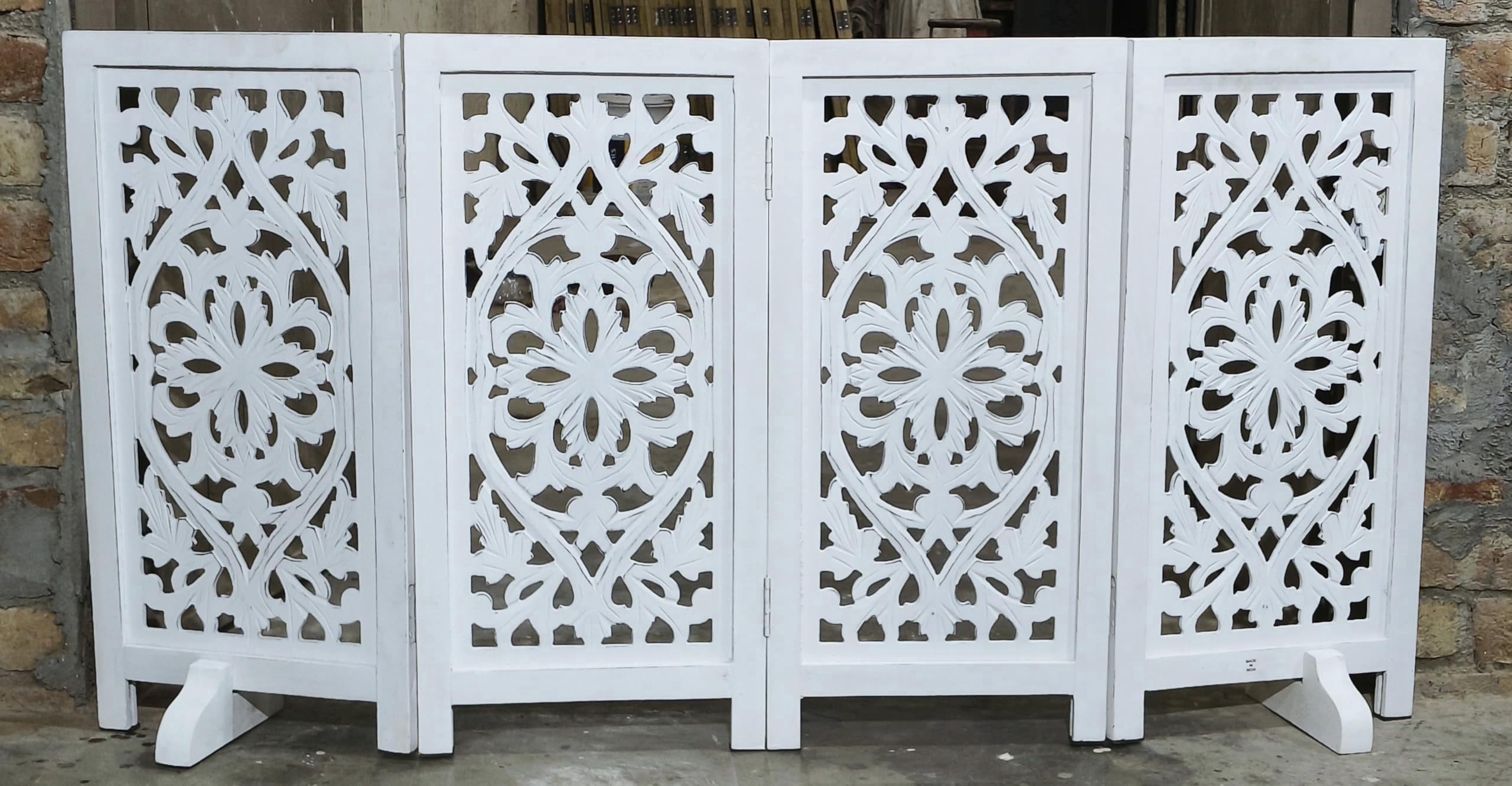 The Wooden Town Foldable Free-Standing Pet Gate, 4-Panel Wooden Dog Barrier, Hand-Carved Solid Wood & MDF, White Finish, 56" W x 28" H