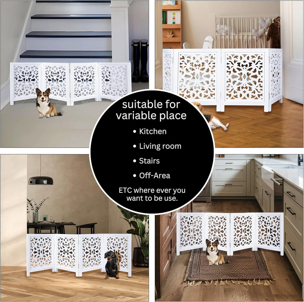 The Wooden Town Freestanding Dog Gate, Foldable 4-Panel Wooden Pet Gate for Doorways, Hallways & Stairs, Antique White, 72" W x 24" H