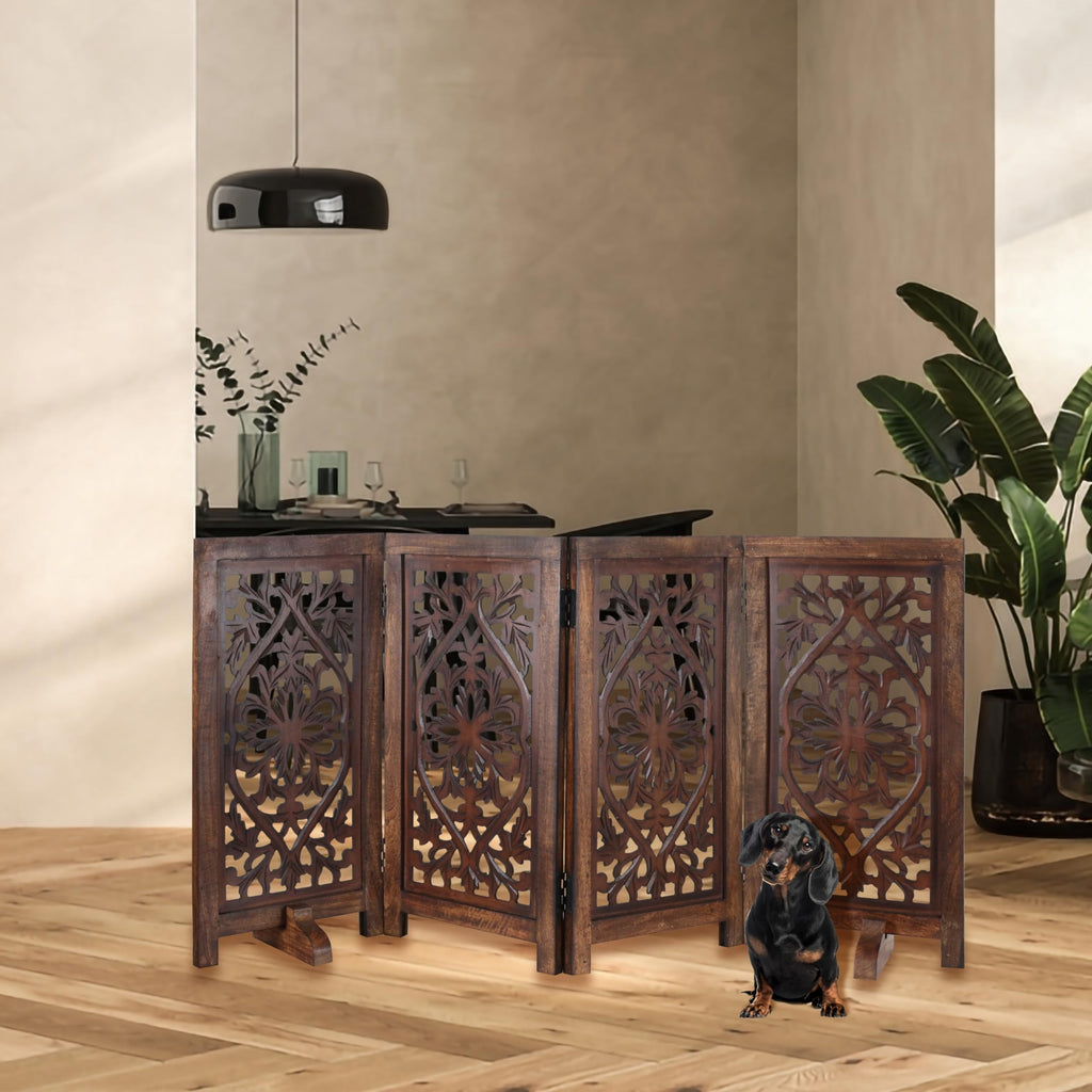 The Wooden Town Freestanding Dog Gate, Foldable 4-Panel Indoor Pet Gate, Hand-Carved Solid Wood & MDF, Burnt Finish, 56" W x 28" H
