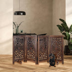 The Wooden Town Freestanding Dog Gate, Foldable 4-Panel Indoor Pet Gate, Hand-Carved Solid Wood & MDF, Burnt Finish, 56" W x 28" H