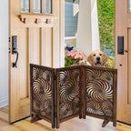 The Wooden Town Foldable 3-Panel Wooden Dog Gate with Sunflower Design, Freestanding Indoor Pet Barrier, Burnt Finish, 48" Wide