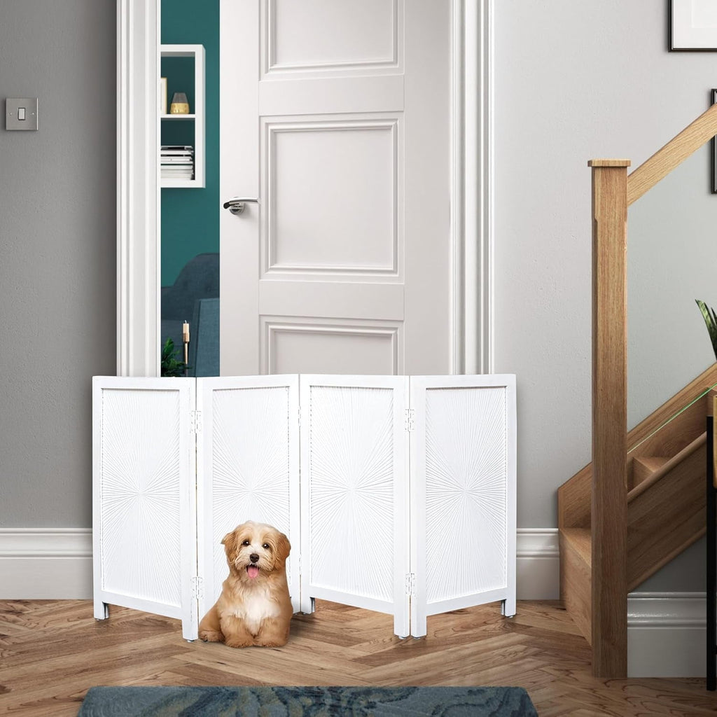 The Wooden Town Foldable 4-Panel Indoor Pet Gate, Freestanding Wooden Dog Gate for Doorways & Hallways, Antique White, 56" W x 28" H