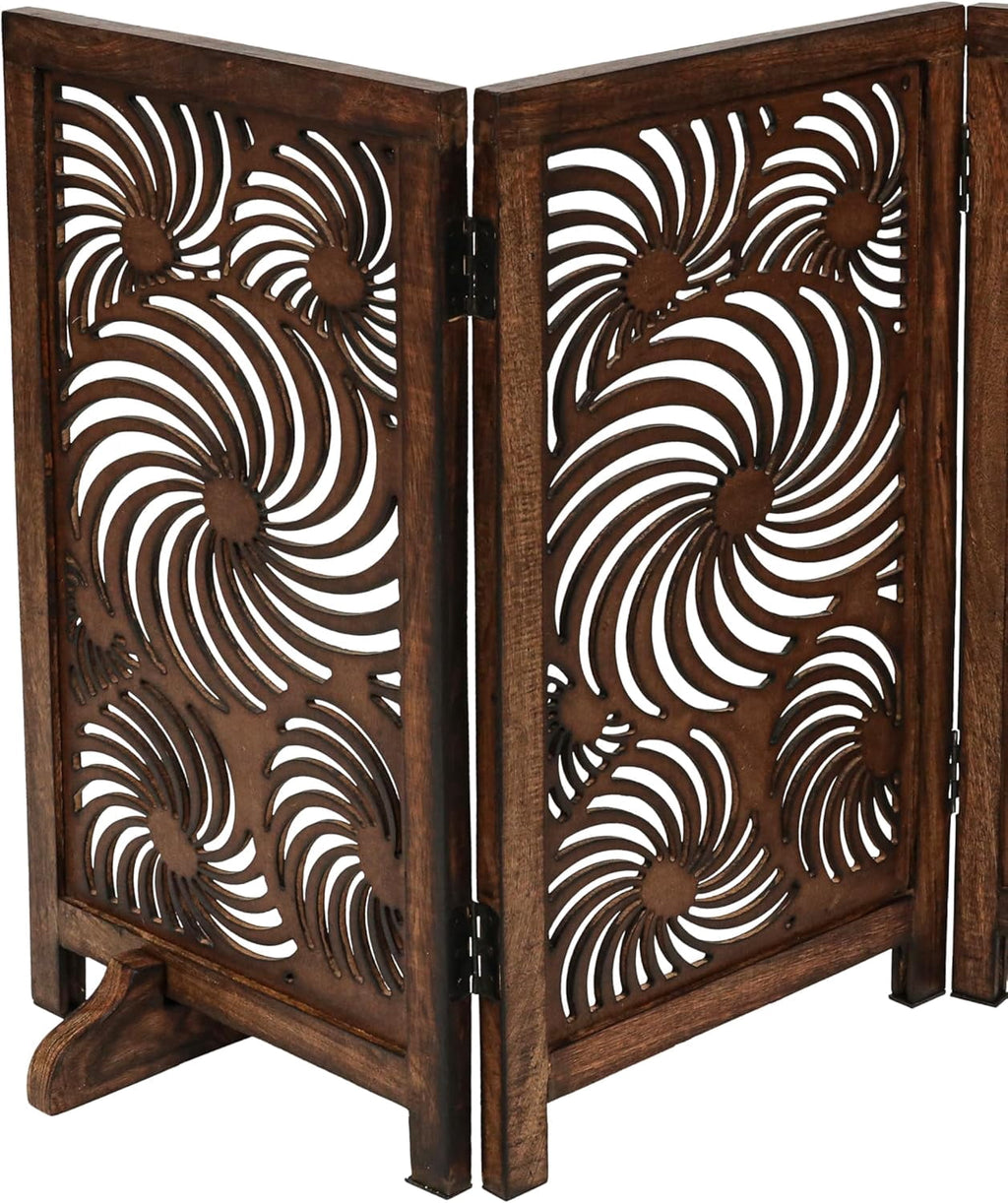 The Wooden Town Foldable 3-Panel Wooden Dog Gate with Sunflower Design, Freestanding Indoor Pet Barrier, Burnt Finish, 48" Wide