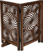 The Wooden Town Foldable 3-Panel Wooden Dog Gate with Sunflower Design, Freestanding Indoor Pet Barrier, Burnt Finish, 48" Wide