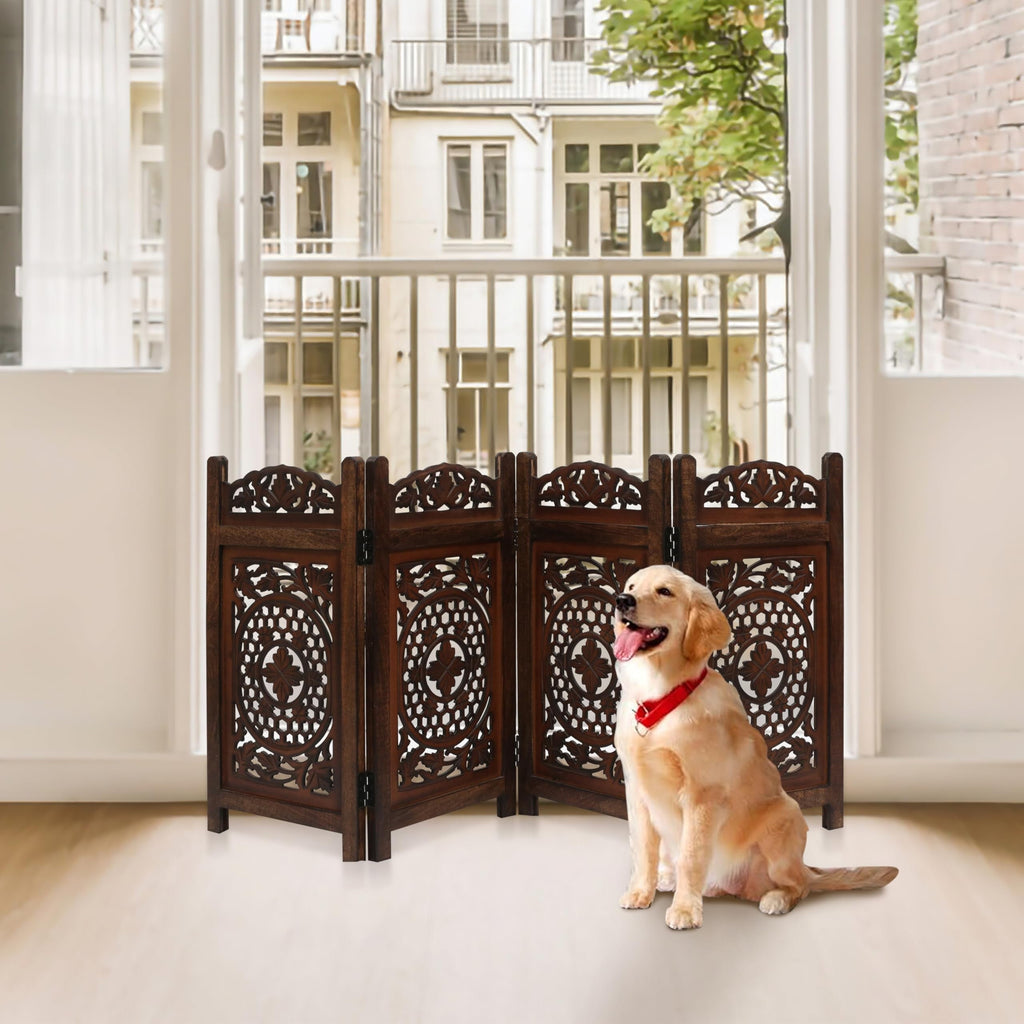 The Wooden Town Raised Wood Pet Gate, Foldable 4-Panel Freestanding Dog Gate, Hand-Carved Solid Wood & MDF, Burnt Finish, 56" W x 28" H