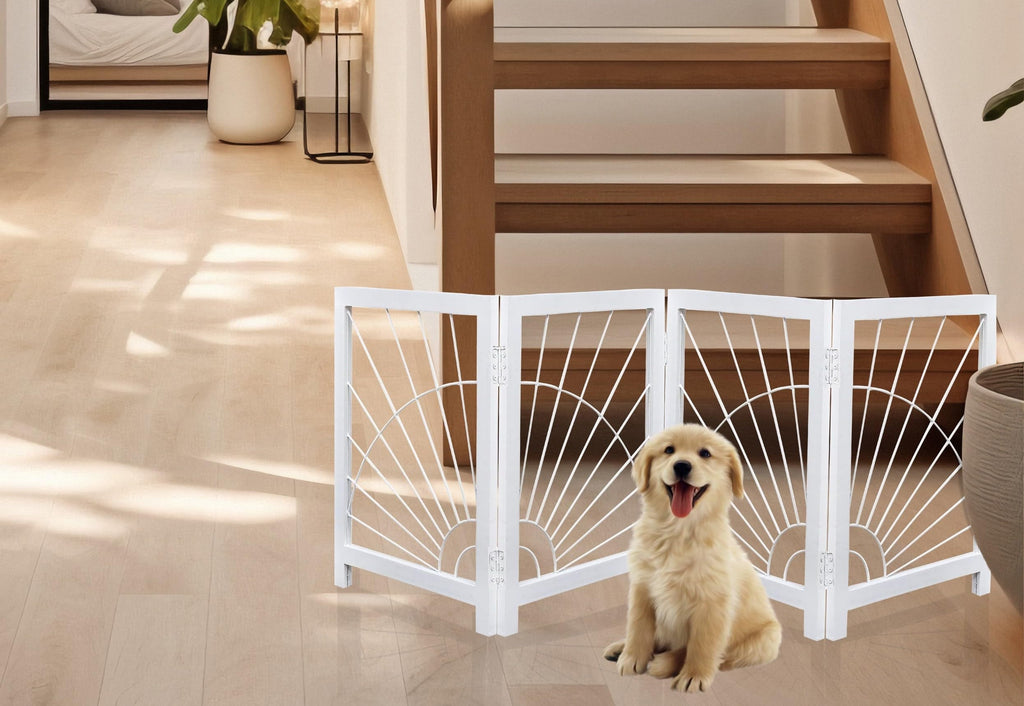The Wooden Town Foldable Indoor Dog Gate, 4-Panel Freestanding Pet Gate with Sunshine Pattern, White Finish, 72" W x 18" H
