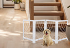 The Wooden Town Foldable Indoor Dog Gate, 4-Panel Freestanding Pet Gate with Sunshine Pattern, White Finish, 72" W x 18" H