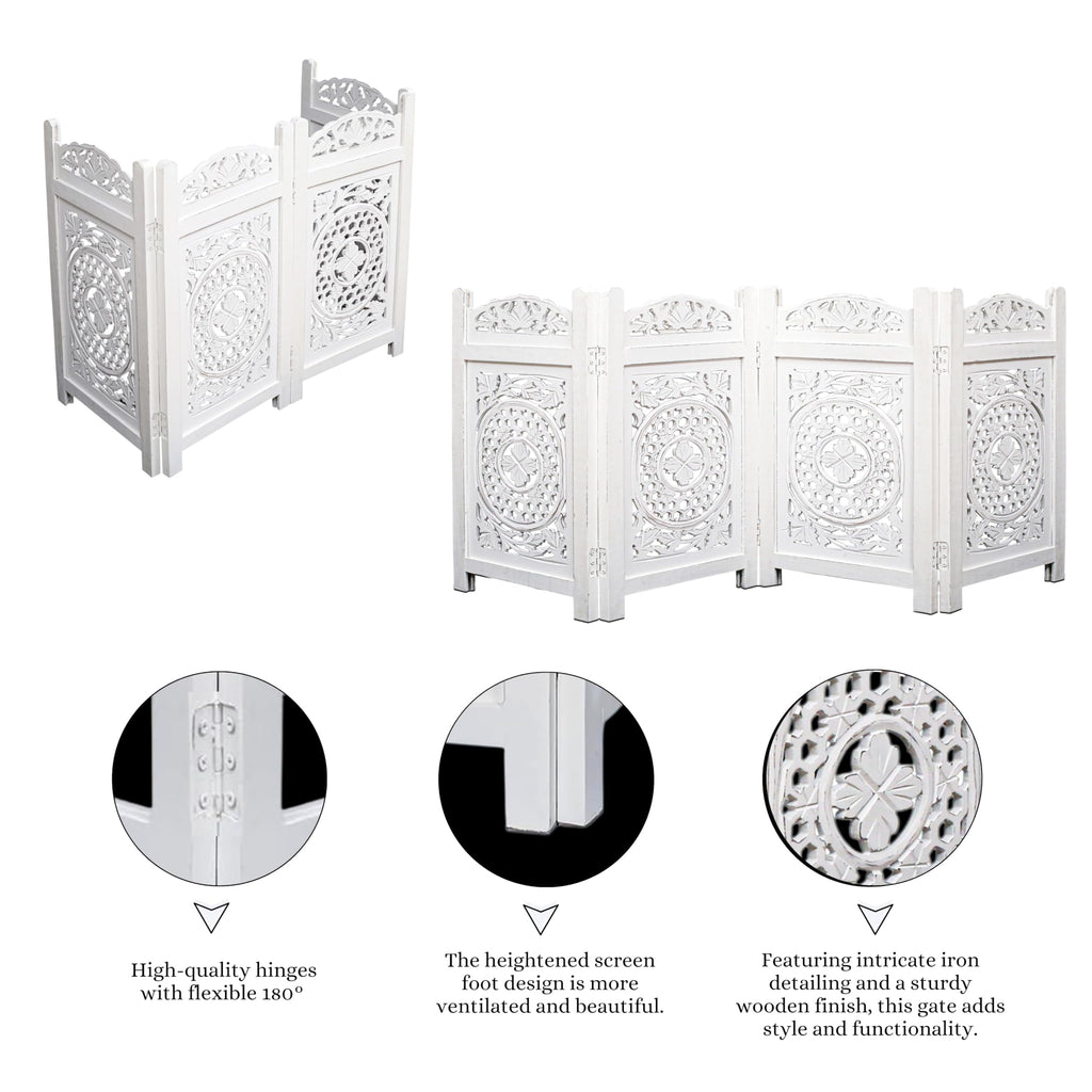 The Wooden Town Raised Wood Pet Gate, Foldable 4-Panel Freestanding Dog Gate, Hand-Carved Solid Wood & MDF, Antique White, 56" W x 28" H