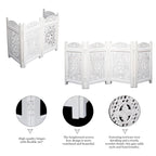 The Wooden Town Raised Wood Pet Gate, Foldable 4-Panel Freestanding Dog Gate, Hand-Carved Solid Wood & MDF, Antique White, 56" W x 28" H