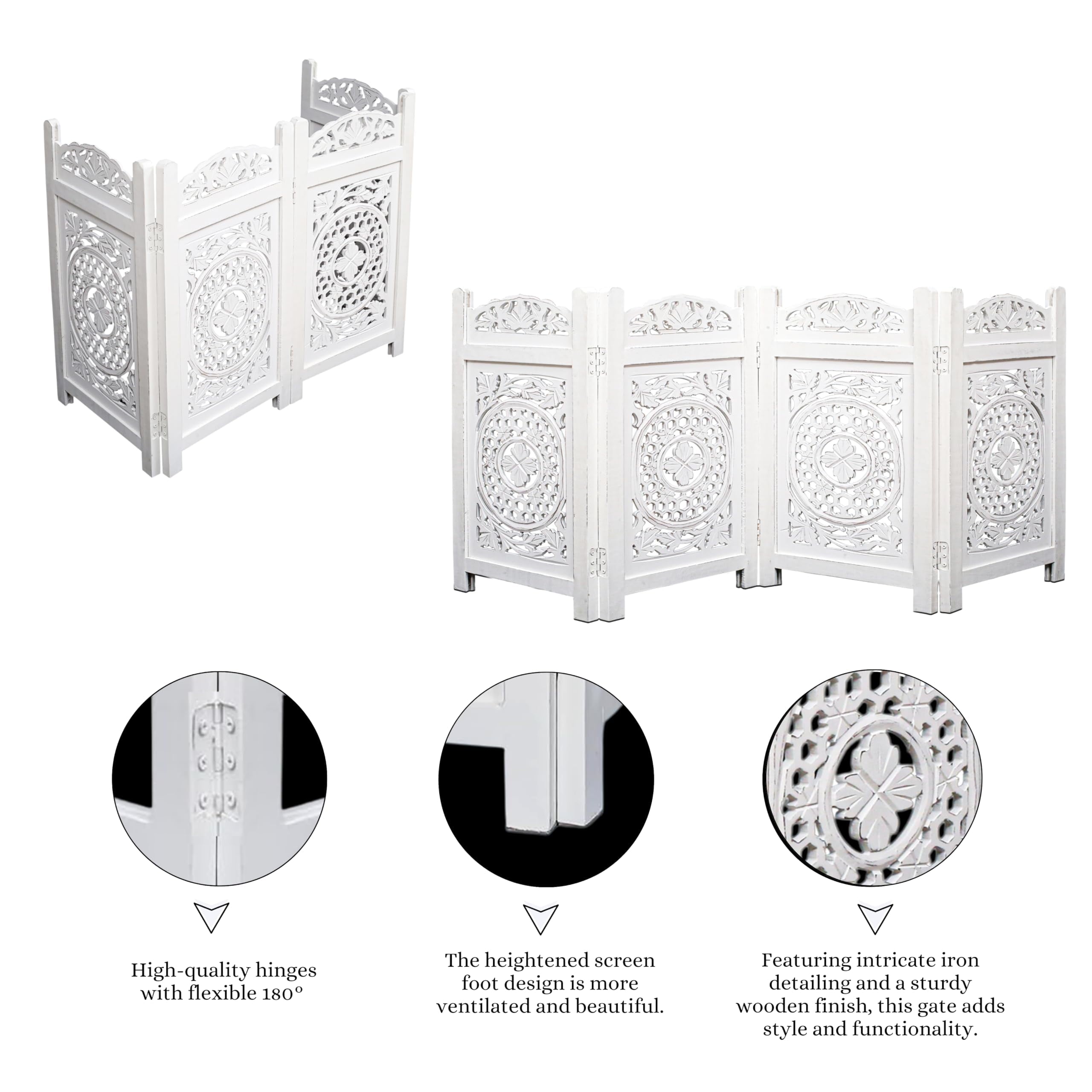 The Wooden Town Raised Wood Pet Gate, Foldable 4-Panel Freestanding Dog Gate, Hand-Carved Solid Wood & MDF, Antique White, 56" W x 28" H