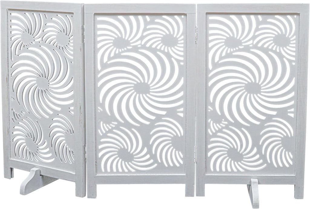 The Wooden Town Foldable 3-Panel Wooden Dog Gate with Sunflower Design, Freestanding Indoor Pet Barrier, White Antique, 48" Wide