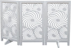 The Wooden Town Foldable 3-Panel Wooden Dog Gate with Sunflower Design, Freestanding Indoor Pet Barrier, White Antique, 48" Wide