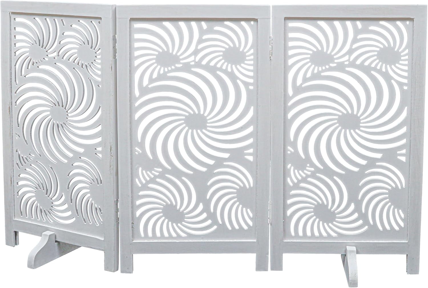 The Wooden Town Foldable 3-Panel Wooden Dog Gate with Sunflower Design, Freestanding Indoor Pet Barrier, White Antique, 48" Wide