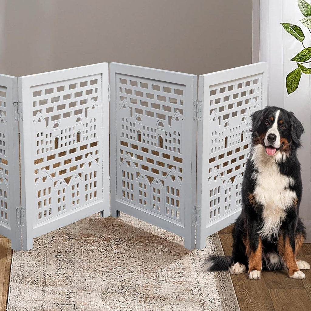 The Wooden Town Freestanding Wooden Dog Gate, Foldable 4-Panel Indoor Pet Barrier for Stairs & Doorways, White Antique, 72" Wide