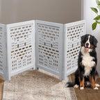 The Wooden Town Freestanding Wooden Dog Gate, Foldable 4-Panel Indoor Pet Barrier for Stairs & Doorways, White Antique, 72" Wide