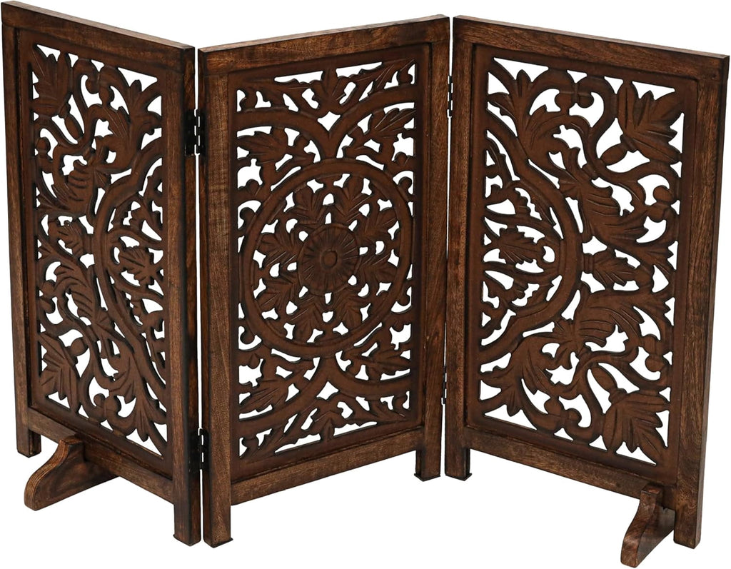 The Wooden Town Foldable 3-Panel Wooden Dog Gate with Circle Design, Freestanding Indoor Pet Barrier for Doorways & Stairs, Burnt Finish, 48" Wide