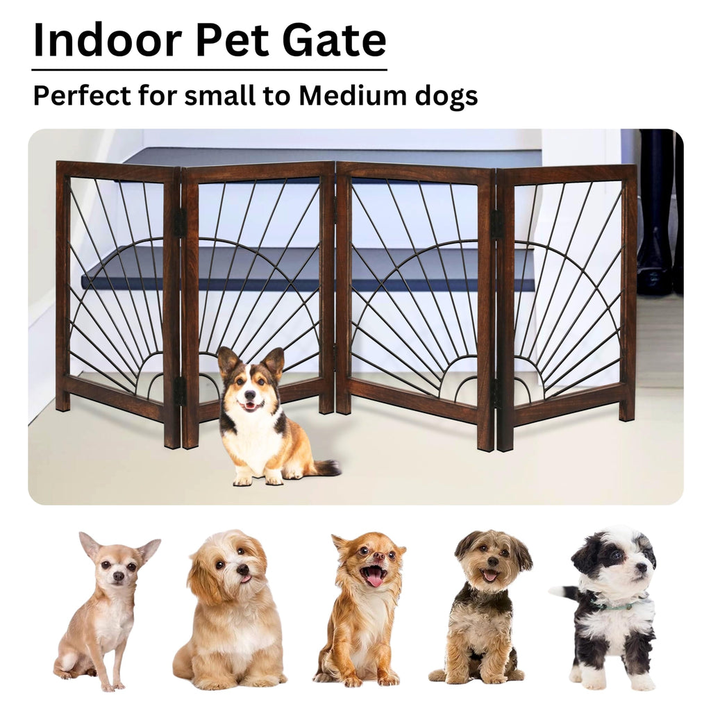 The Wooden Town Foldable Indoor Dog Gate, 4-Panel Freestanding Pet Gate with Sunshine Pattern, Burnt Finish, 72" W x 18" H