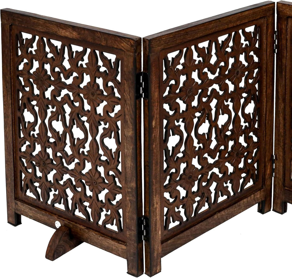 The Wooden Town Foldable 3-Panel Wooden Dog Gate with Flower Design, Freestanding Indoor Pet Barrier, Burnt Finish, 54" Wide