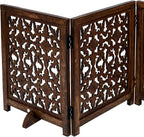The Wooden Town Foldable 3-Panel Wooden Dog Gate with Flower Design, Freestanding Indoor Pet Barrier, Burnt Finish, 54" Wide